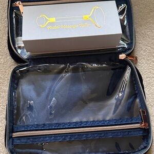 Navy Cosmetic Bag with Facial Roller
